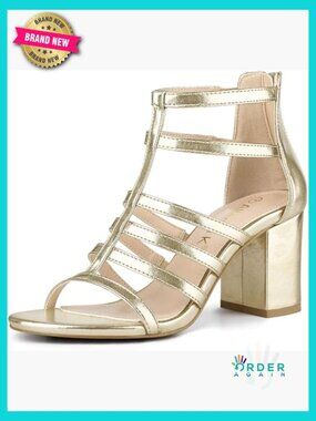Strappy Gladiator Chunky Heel Sandals Back Zipper Padded Insole Roman